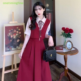 Onetimingfine Chữ A Đơn Giản Giả Hai Miếng Đầm Thời Trang Hàn Quốc Preppy Phong Cách Mùa Hè Vintage Nữ Đầm Maxi VN