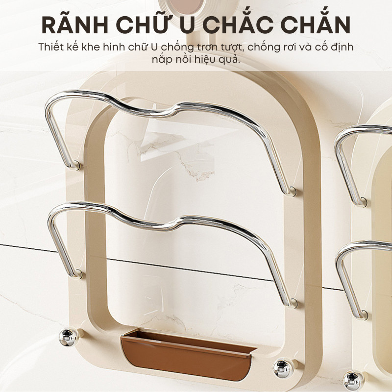 Giá cài nắp vung nồi treo tường không cần khoan đục KooBee có khay hứng thoát nước tiện lợi| 200