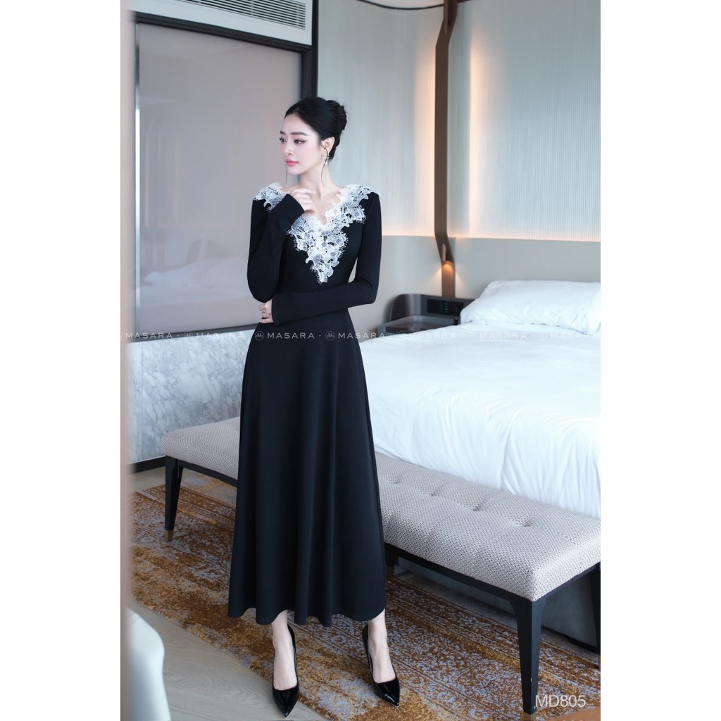 Đầm nữ Masara dáng dài chất thun đen ren trắng cổ V phong cách thanh lịch MD805