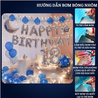 Set trang trí sinh nhật người lớn kiểu hàng quốc màu trắng đen SNNL-XANH DƯƠNG 05, Bóng bay trang trí sinh nhật cho bé