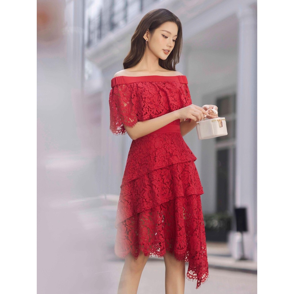 Ảnh JOVEN Đầm Nữ Naomi Midi 3 Tầng Lai Xéo Bẹt Vai Có Bèo Nhún 4