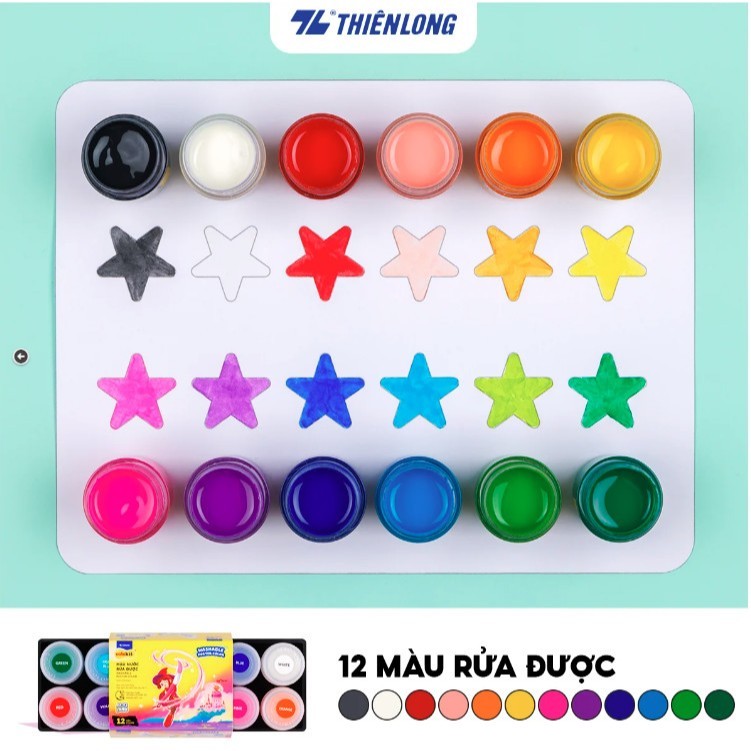 Bộ Màu vẽ, màu nước, màu poster Thiên Long WACO-05 Waco 05 hộp 12 màu x 15ml.