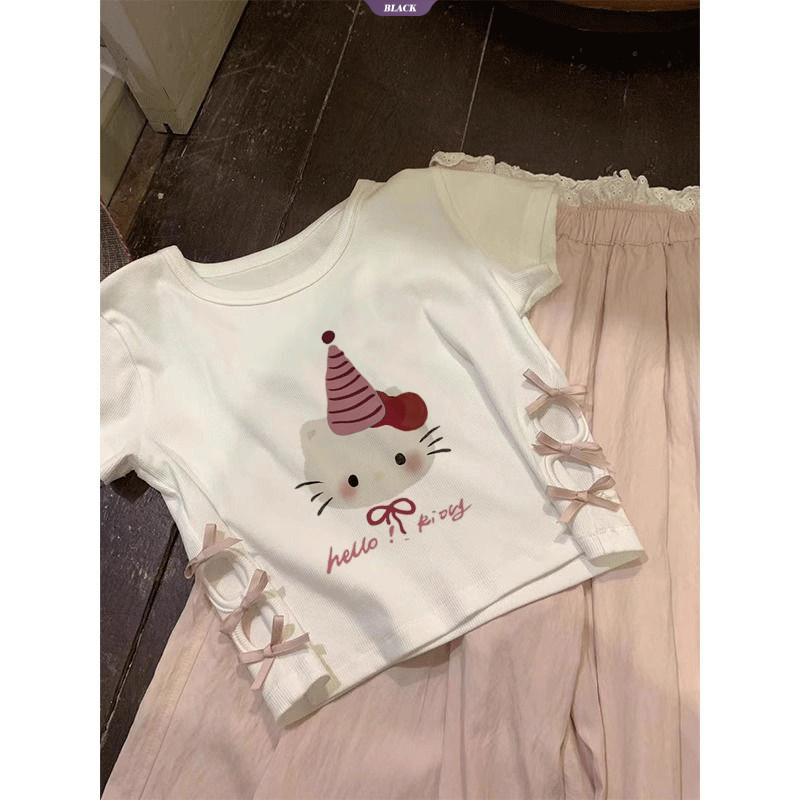Trắng Spice Girls Áo thun ngắn tay ngắn nữ mùa hè Sweet Spice Slim Hello Kitty Hollow Out Tops [BL]