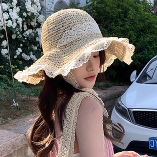 Mũ Cói Ren Nữ Đi Biển Vành Rộng Thắt Nơ Vintage, Nón Cói Che Nắng Hàn Quốc Cho Mẹ Và Bé Gái