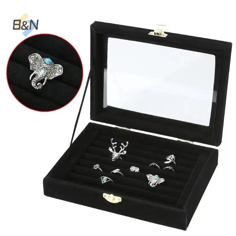 Hộp đựng nhẫn nhung B&N, trưng bày trang sức, nắp lật trong suốt chống bụi