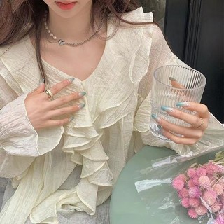 Thời Trang Hàn Quốc Nữ Tay Dài retro Rời Cổ Chữ v Cổ Thường ruffle Áo Sơ Mi Áo