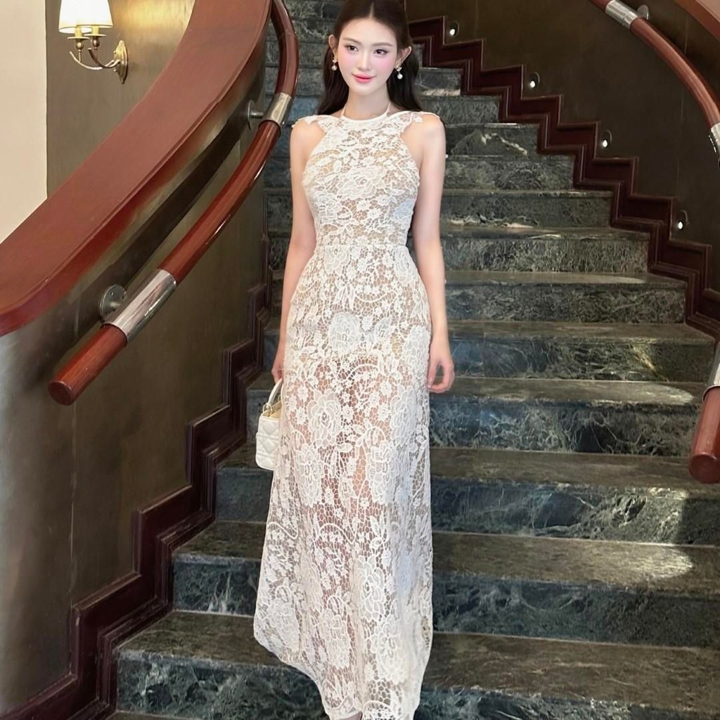 Đầm maxi Khiết Fashion ôm dài cổ yếm ren hoa dây màu kem quyến rũ đi tiệc KD120