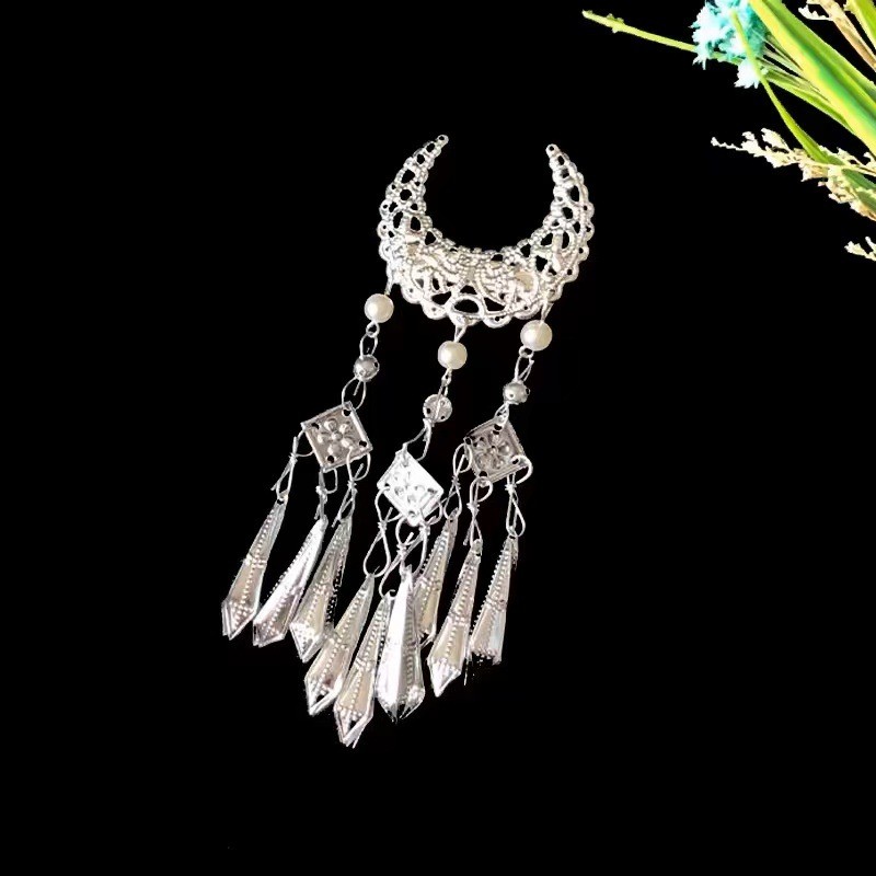MAUROPOLI [Sẵn sàng] Phong cách cổ xưa Áo choàng cổ Hoa Lưỡi liềm Miao Bạc Tua Rua Kẹp tóc Bé gái Phong cách mới Phong cách dân tộc Hanfu Cover Sideburns Kẹp tóc bên Mũ đội đầu