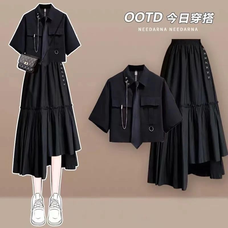 Ins Mùa Hè Phiên Bản Hàn Quốc Rời Bảo Hộ Lao Động Áo Sơ Mi Tay Ngắn Phù Hợp Với Nữ Sinh Viên + Cao Cấp Váy Không Đều Bộ Đồ Hai Mảnh