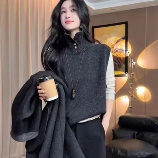 Pháp Bên Ngoài Mặc Nửa Mở Áo Len Cổ Rùa Áo Vest Nữ Đầu Thu Đông Ấm Áp Bên Trong Áo Vest Không Tay Top