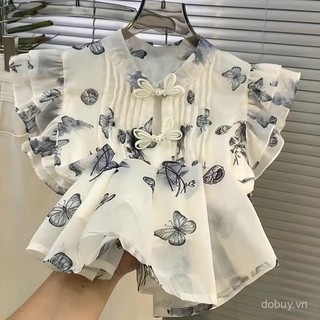 2025 Mùa hè phong cách cổ điển Trung Quốc Neo, áo chiffon tay ngắn xếp nếp in hoa, áo thiết kế cho phụ nữ trẻ trung