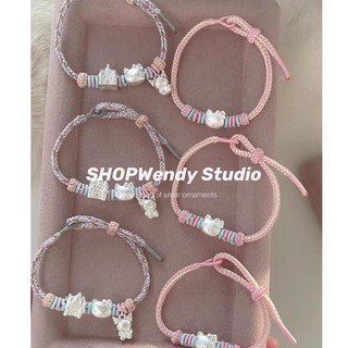 Hellokitty Sterling Bạc bện hồng dịu dàng Vòng tay trái tim cô gái