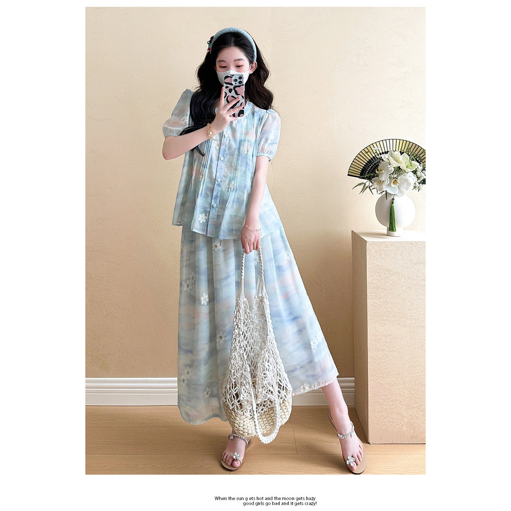 Bộ đồ bà bầu Mùa hè Áo sơ mi hoa phong cách mới + Váy Bộ đồ hai mảnh