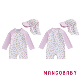 MG-Toddler Girl Áo tắm dài tay in hoa / Flamingo nửa dây kéo chống đóng cọc Rash Guard Đồ bơi Sunhat Set