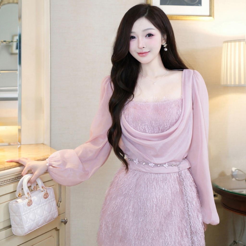 Đầm KHIẾT dáng suông lông vũ kèm áo choàng tằm phong cácg dự tiêc sang chảnh KD44