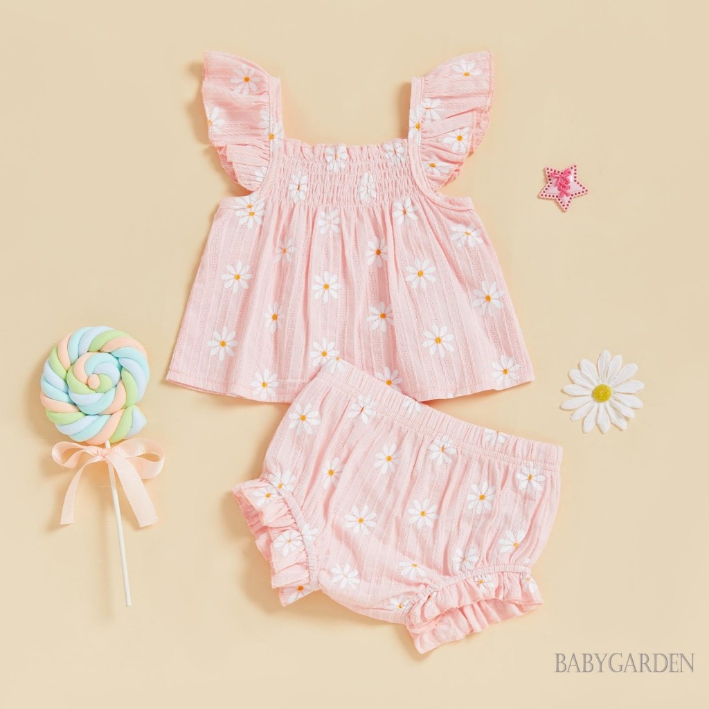 / / -Baby Girl Daisy 2 Cái Bộ Smocked Bay Tay Áo Babydoll Co Giãn Eo Quần Short Ruffle Quần Short Quần Áo Mùa Hè Dễ Thương