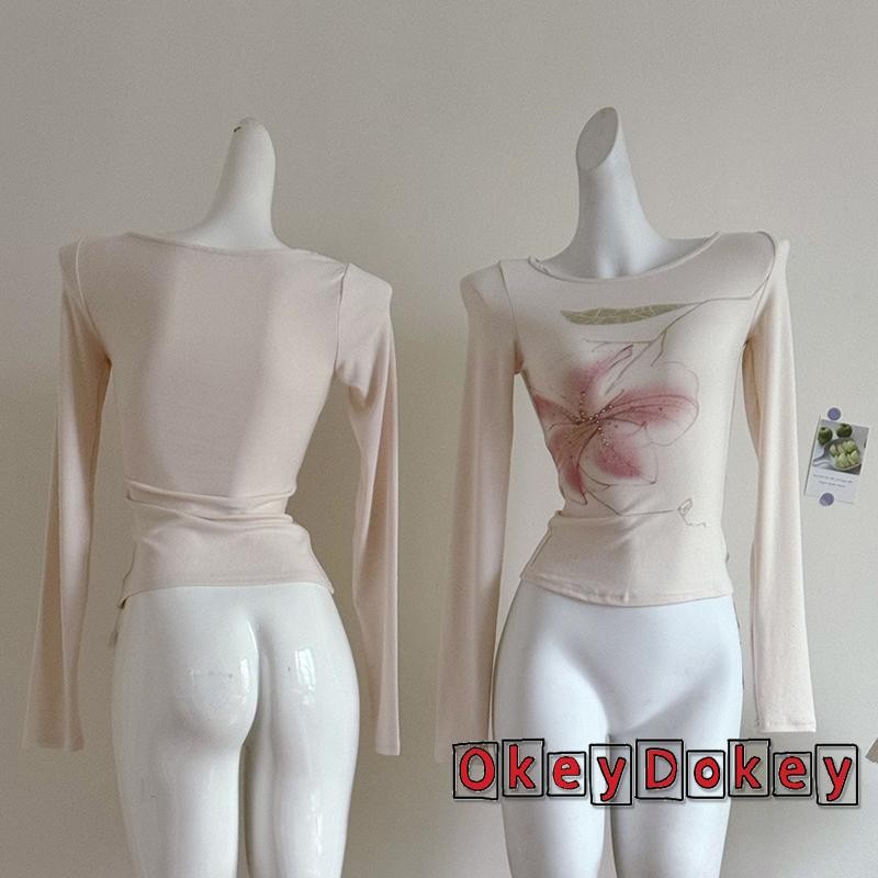 OKDK-Áo thun dài tay dành cho nữ Kim cương giả in hoa cổ tròn Áo sơ mi mùa xuân thu Slim Fit Áo thường ngày