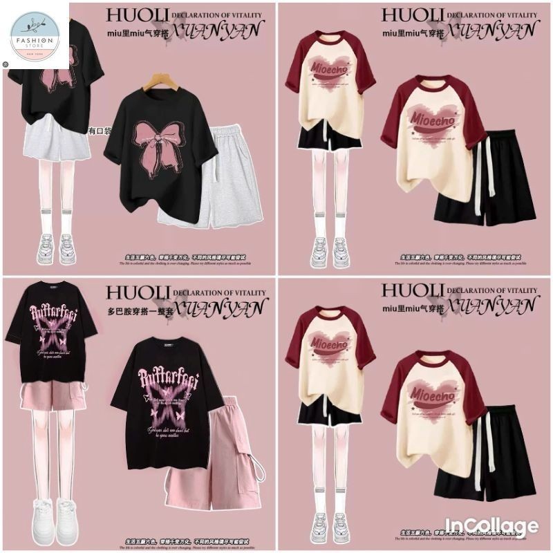 Tổng Hợp Các Sét bộ đồ cộc tay mùa hè quần đùi trơn + mix áo phông nơ form rộng unisex-quần áo 94