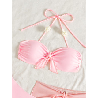 Đồ Bơi Nữ Màu Hồng Sọc Mỏng Bandeau Hoa Bao Đầm Ba Mảnh Bikini Đồ Bơi