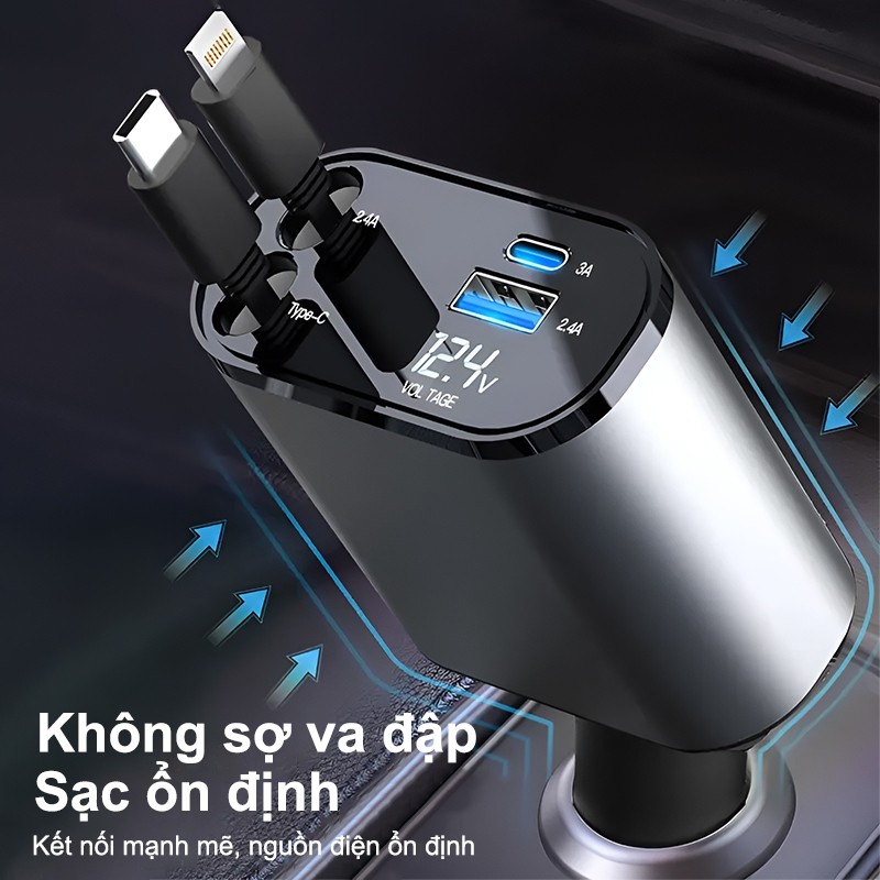 Sạc ô tô 120W，điện áp 12V-24V，Tẩu Sạc Ô Tô，Sạc Xe Hơi，120W，Sạc Nhanh，Màn Hình Hiển Thị，Dây Rút Tự Động