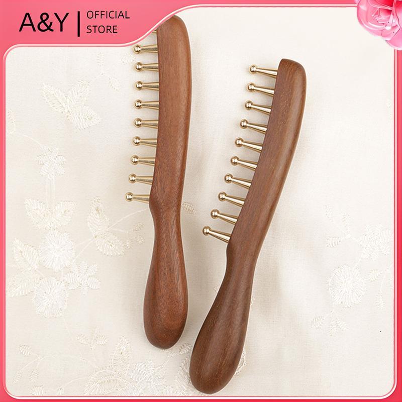 Lược mát xa bằng đồng & gỗ 10 tầng A & Y dành cho kinh tuyến và thư giãn Gỗ đàn hương vàng cạo Guasha Tay cầm dài.