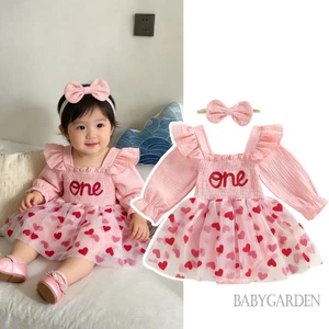 Bé Sơ Sinh Trang Phục Bé Gái Tay Dài Cổ Vuông Trái Tim Chữ A Áo Liền Quần Có Nơ Băng Đô Ngày Lễ Tình Nhân Quần Áo