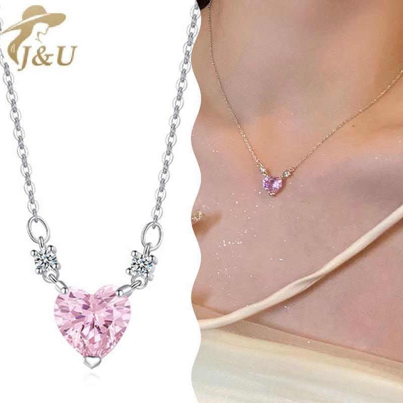 Vòng cổ zircon hồng hình trái tim, pha lê sáng bóng - Trang sức thời trang cho nữ và bé gái