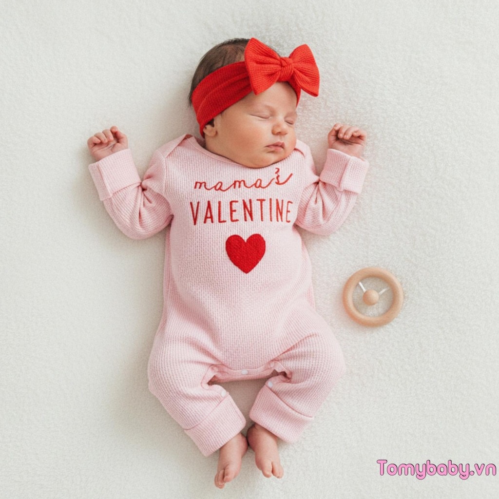 Bé Gái Mùa Thu Ngày Lễ Tình Nhân Dài Tay Chữ In Hình Trái Tim Áo liền quần Có Dây Đeo Đầu Nơ