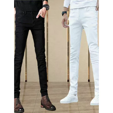 Quần Jean Nam Đen Trắng Thẳng Quần Slim-fit Skinny Quần Phù Hợp Với Quần Nam Hợp Thời Trang Giữa Eo Quần Co Giãn Quần Áo Nam