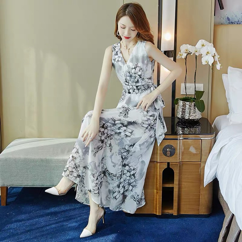 Váy đi biển, váy dài bohemian cho nữ, phong cách mùa hè mới, ôm eo, thắt eo, tôn dáng, váy đi nghỉ mát bên biển.