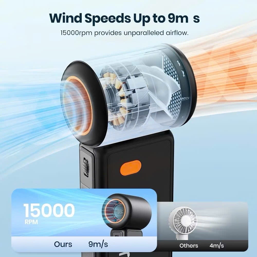 [Chính Hãng] Quạt Cầm Tay Mini Warmco Turbo Pin 3600/5000mAh - 100 Tốc Độ Gió, Động Cơ 15.000 Vòng/Phút, Màn Hình LED