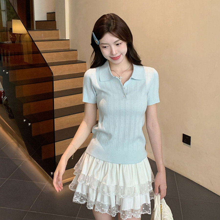 SUXI Áo thun ngắn tay cổ Polo dệt kim nhẹ nhàng dành cho nữ 260410