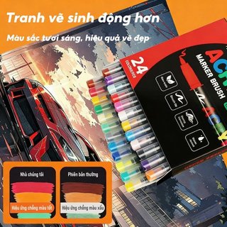 Bộ 120 bút acrylic marker – Đầu brush mềm mịn, mực lông đều – Lên màu đậm, che phủ tốt – Vẽ đa chất liệu – Không độc hại