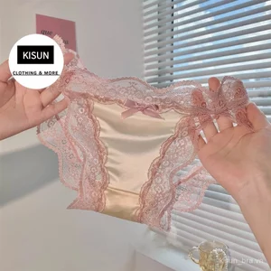 Delicate Lace Trim Satin Briefs, Sheer Mesh Side Panel Panties, Bow Accent Underwear for Women