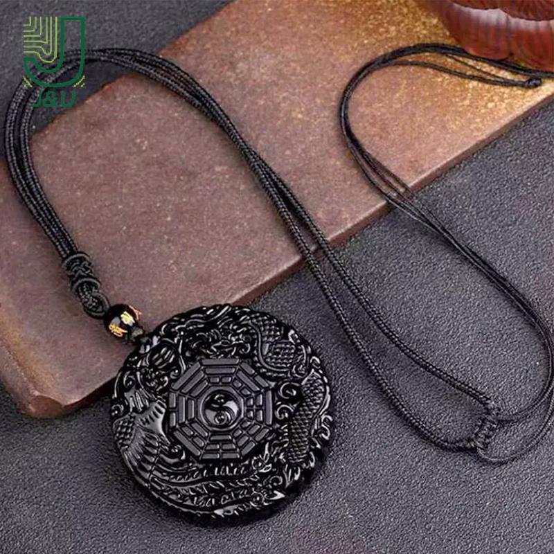 Dây chuyền obsidian tự nhiên khắc rồng và phượng hoàng, bùa hộ mệnh Bagua dành cho nữ