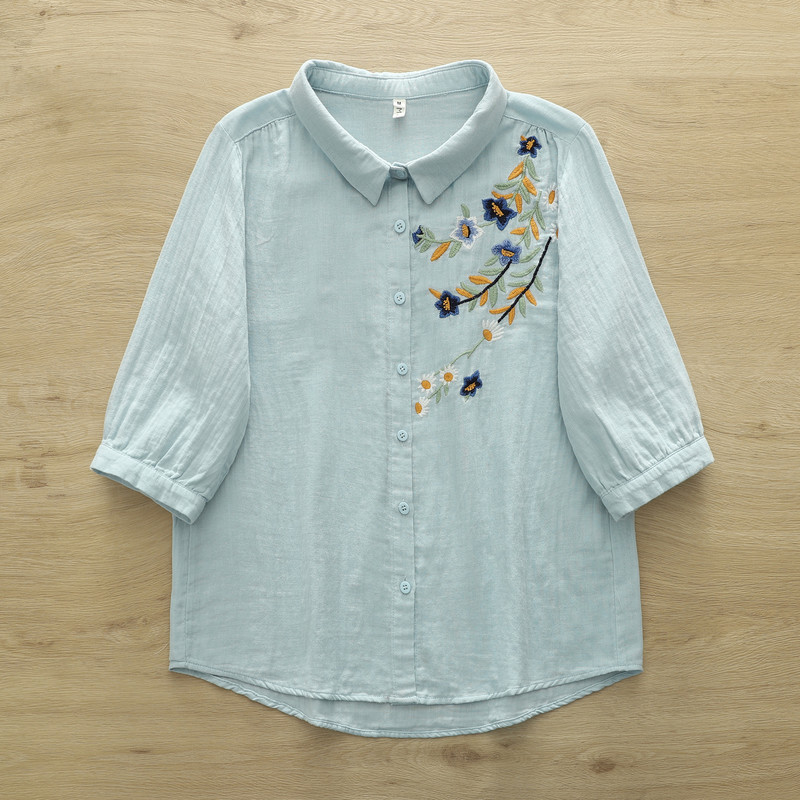 Áo sơ mi nữ tay ngắn thêu đẹp mắt, chất liệu sợi cotton cao cấp, sẵn sàng giao hàng