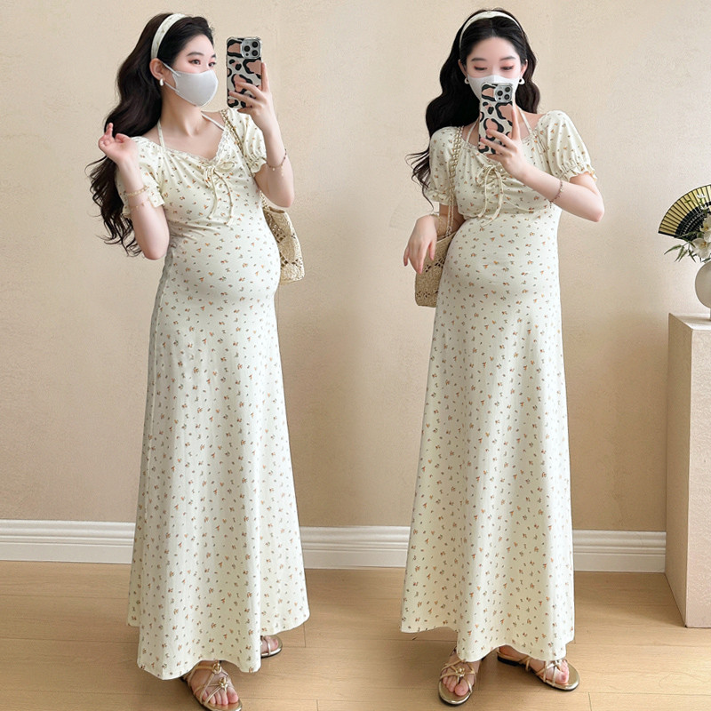 Váy bà bầu mùa hè từ cotton nguyên chất có họa tiết hoa, phiên bản Hàn Quốc