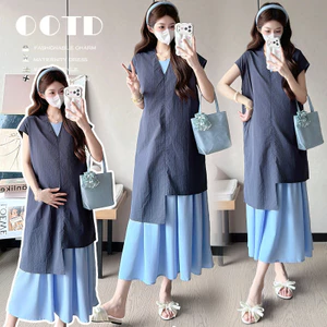 Bộ đồ bà bầu áo cổ chữ V thời trang mùa hè, bộ đồ hai mảnh