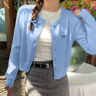 Áo khoác cardigan mỏng tay dài cài một hàng khuy dành cho nữ, thêu nơ, dáng ngắn.