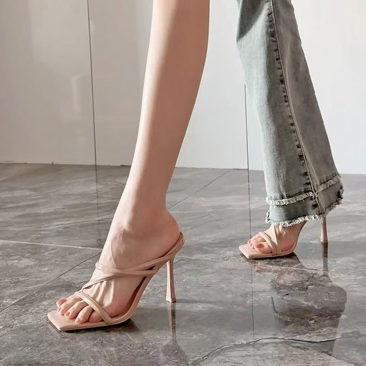 Mùa Hè Mũi Vuông Thời Trang Mở Ngón Chân Giày Cao Gót PU Nữ Chống Trơn Trượt Chống Mài Mòn Cổ Tích Phong Cách Cao Gót Dép
