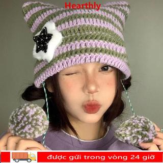 Mũ Beanie Y2K Hearthly với họa tiết sọc và ngôi sao đáng yêu, phù hợp cho mùa thu đông
