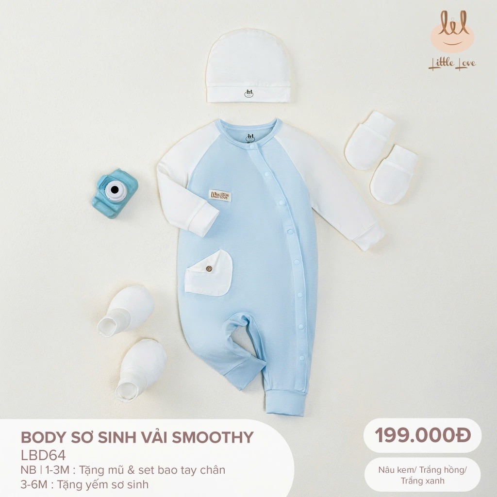 Body dài tay sơ sinh smoothy [ Mềm mịn, mát ] cho bé LiL Little Love (LBD64) có tặng kèm mũ sét bao tay chân Hoặc Yếm