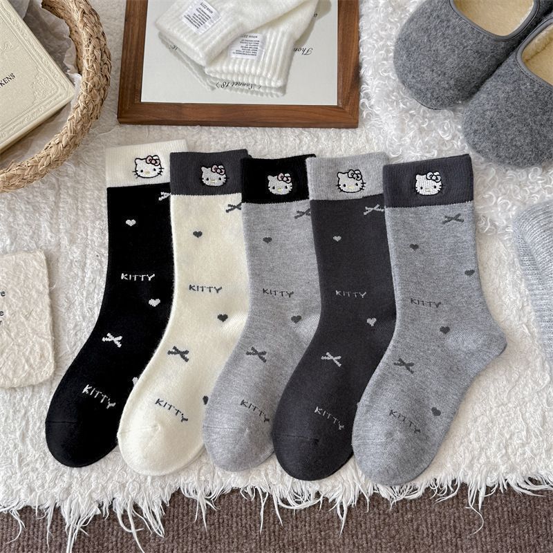 Tất Cotton thêu theo chủ đề Kitty dễ thương có chấm bi và nơ