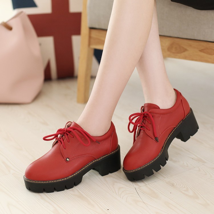 VNFF34-43 Kích Thước Lớn Mùa Xuân Phong Cách Mới Mũi Tròn Giày Gót Dày Phong Cách Châu Âu Mỹ Buộc Dây Giữa Động Cơ Thời Trang Đi Làm Giày Đế Dày