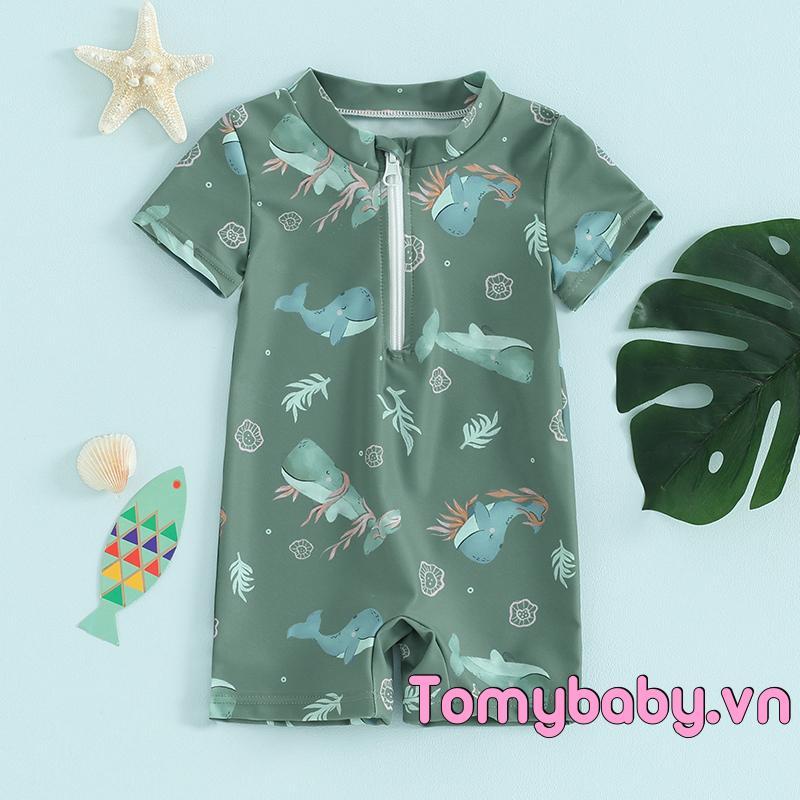 Trẻ mới biết đi Bé trai Rash Guard Đồ bơi Hoạt hình Marine Life In tay ngắn Dây kéo phía trước Bộ đồ tắm