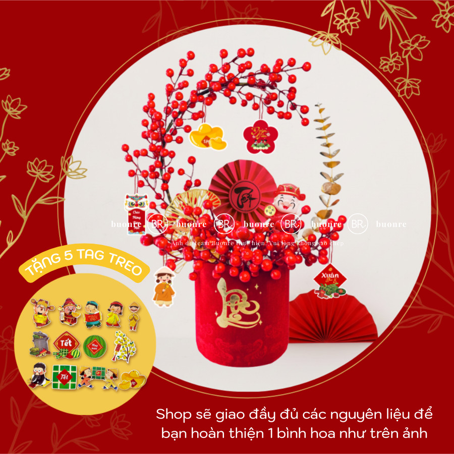 [Tết 2026]Set nguyên liệu cắm bình Đào Đông Lộc Minh Xuân đón tài lộc–Cành hoa trang trí Tết kèm bình trụ nhung đỏ