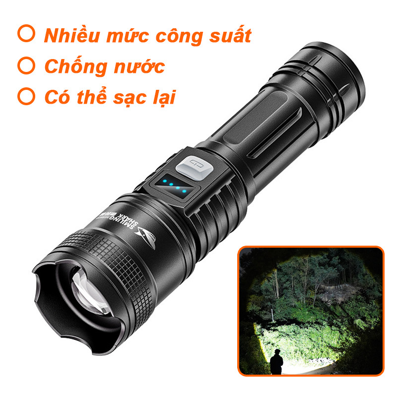Đèn pin LED siêu sáng sạc Type-C pin cực trâu chống nước dùng cắm trại câu cá ban đêm đèn pin