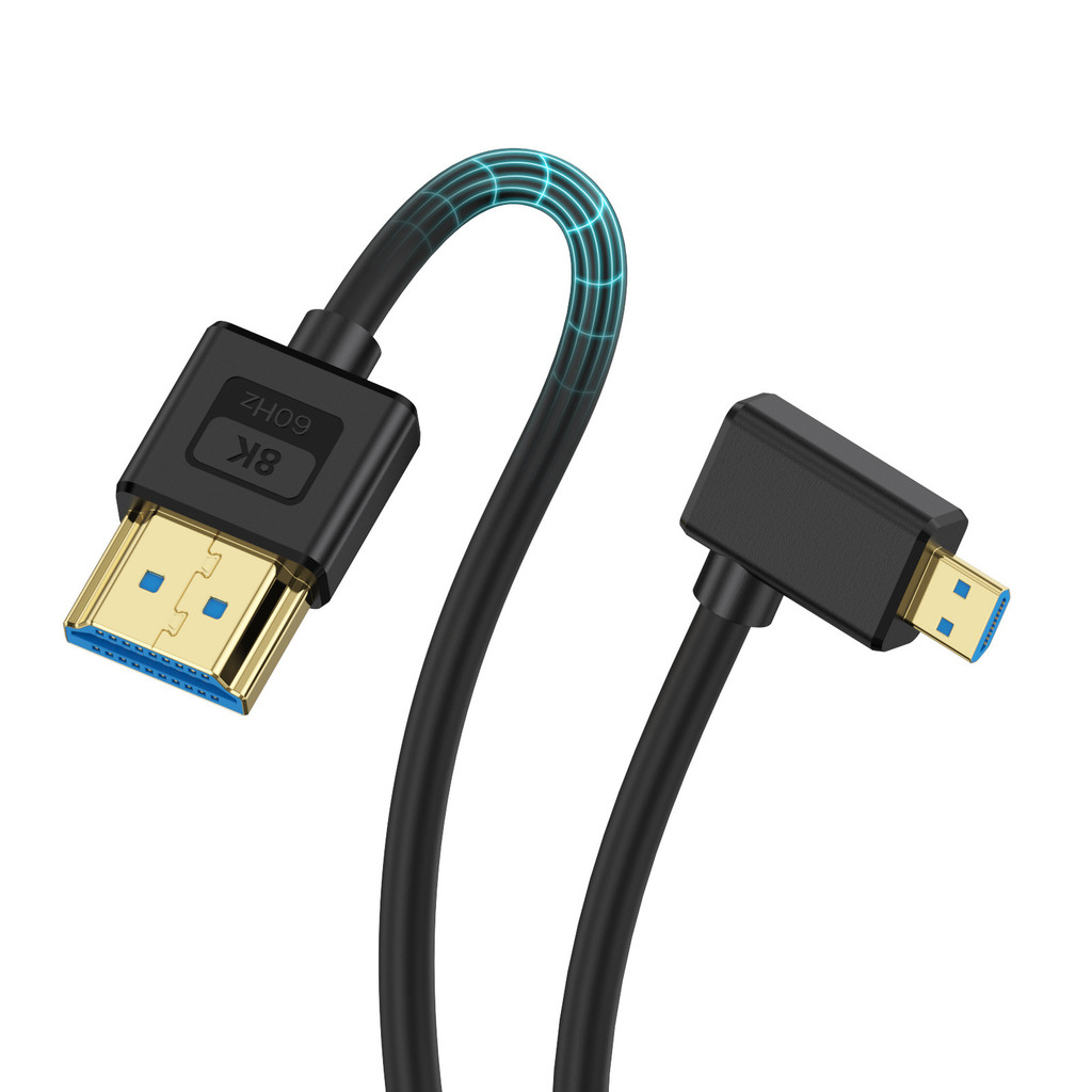 Cáp Micro HDMI sang HDMI 2.1 góc trái / phải 90 độ, Dây silicon 8K @ 60Hz 4K @ 120Hz 0.6m / 1.2m / 1.8m cho màn hình máy ảnh kỹ thuật số