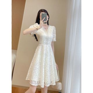 Váy Ren Liền Chữ A Khí Chất Quý Cô, Tôn Dáng, Gầy Chít Eo, Cổ Chữ V, Tay Ngắn , váy Cao Cấp ,Mẫu Mới Mùa Hè Cho Nữ
