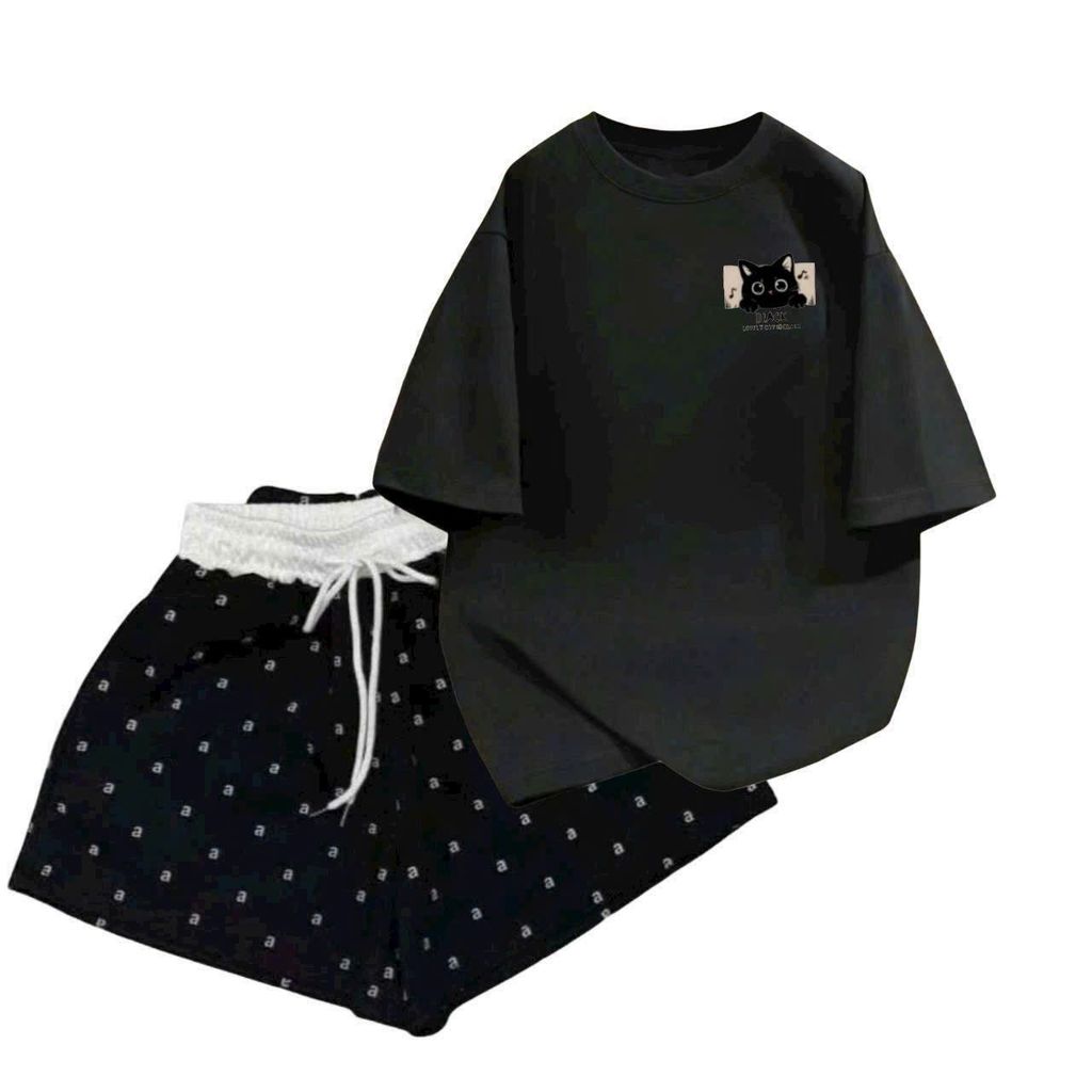 sét bộ đồ nữ quần đùi cộc cạp trắng chữ A + mix áo phông form rộng -chữ black in ngực